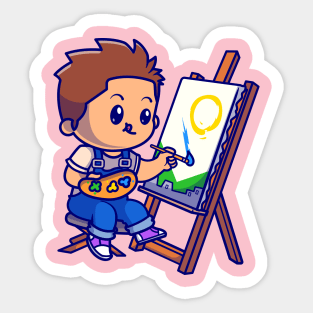 Cute Boy Is Painting Cartoon Sticker